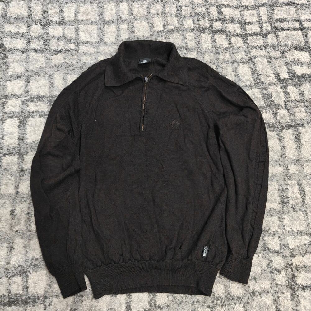 Versace Jeans Couture Wool 1/4 Zip Sweater Mens Black Medusa Flawed Shrink AS IS
